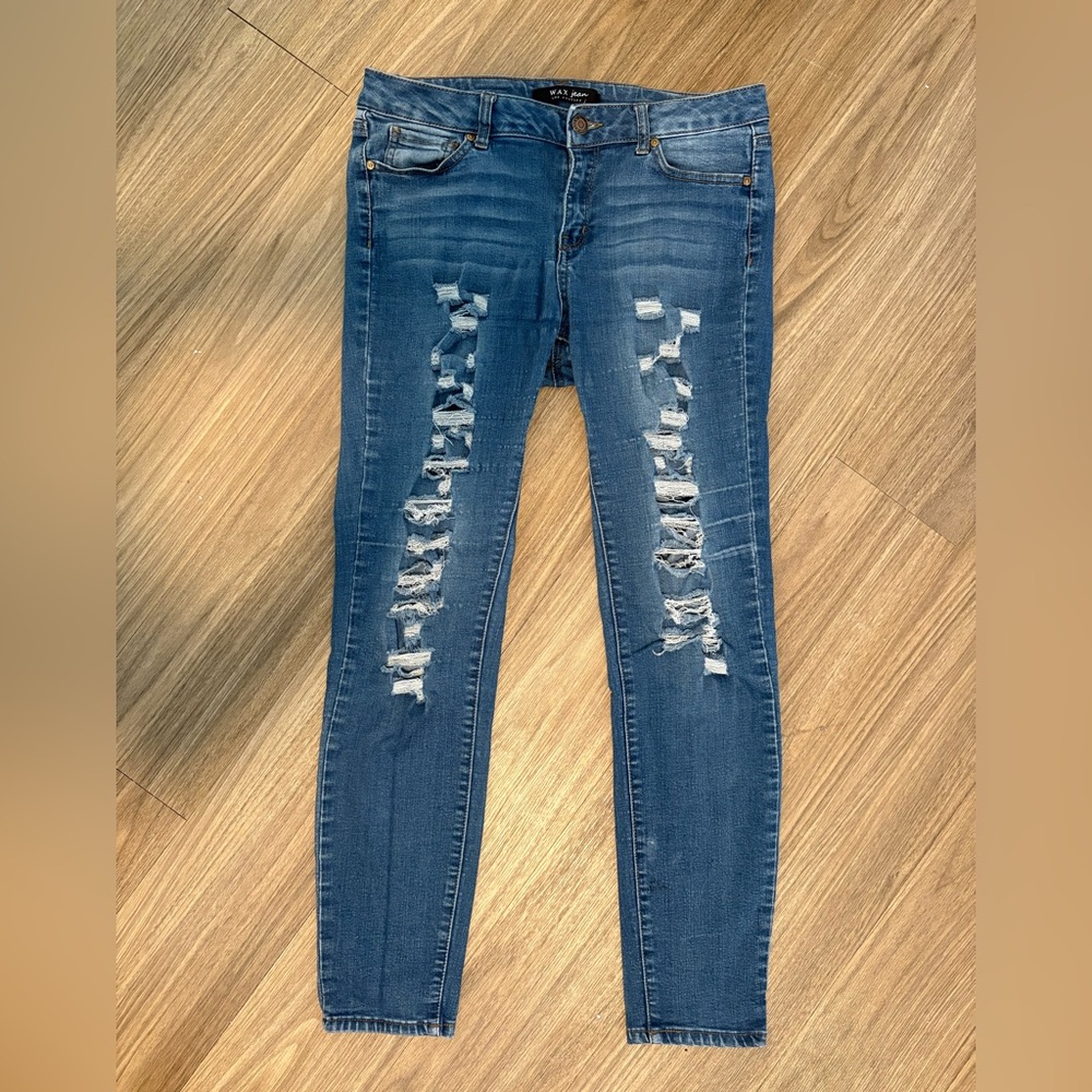Wax Jean Women's Distressed Skinny Jeans in Blue. Size 13